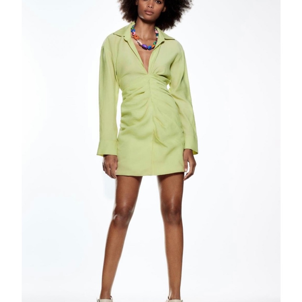 NWT. Zara Light Green Draped V-neck Mini Dress Size Small